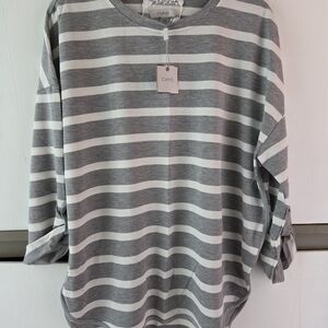 Cupio Gray and White Striped Top, Size L, NWT!